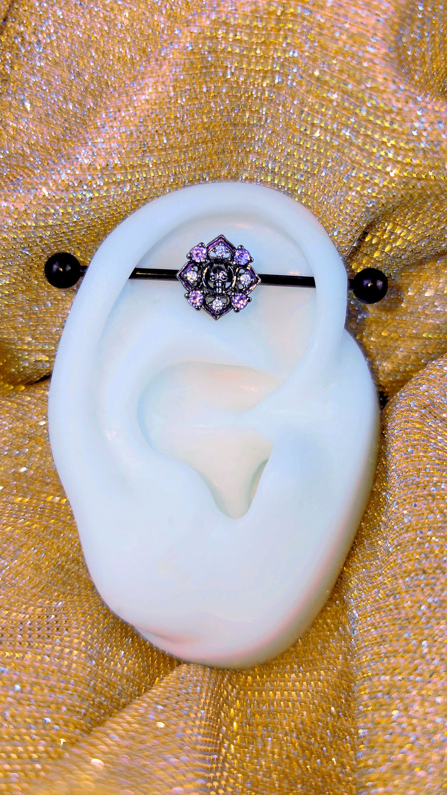 14G Pink Gem Black Skull Cross Industrial Barbell 38mm