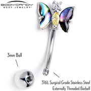 16G 5/16 Yellow Clear Gem Dark Butterfly Curved Eyebrow Ring