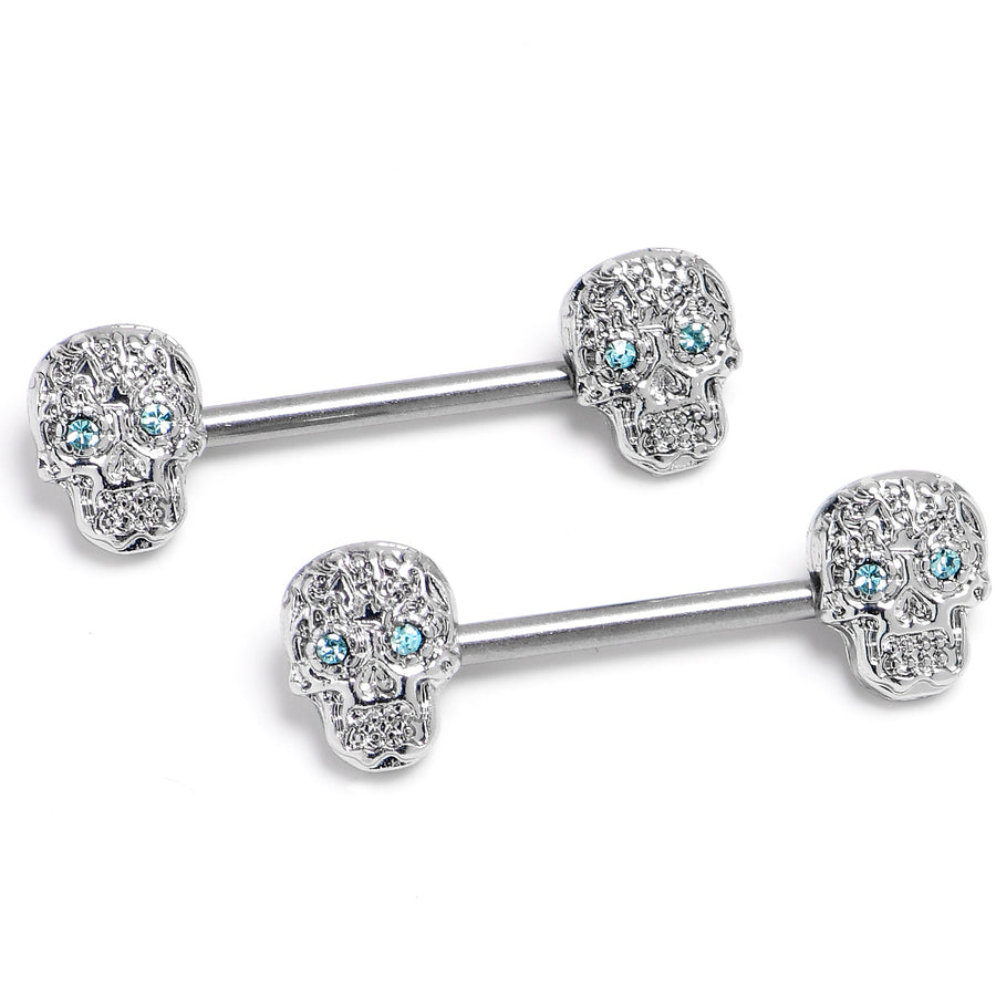 14G 9/16 316L Steel Skulls Blue Gem with Titanium Barbell Nipple Rings