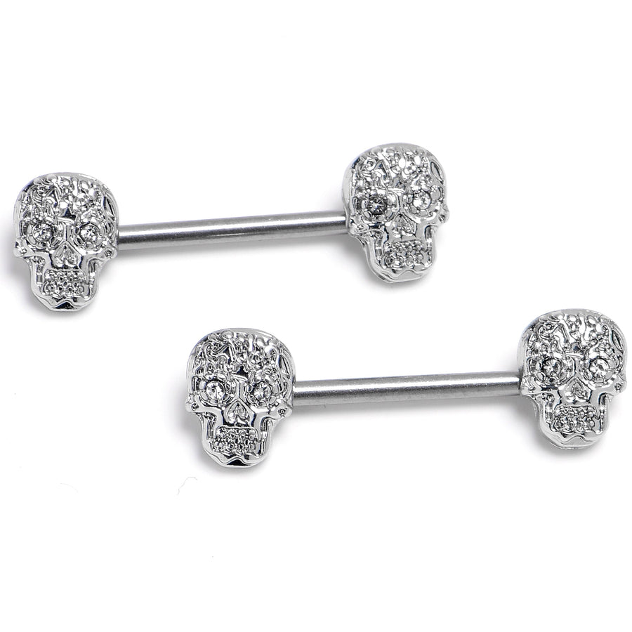 14G 9/16 316L Steel Skulls Clear Gem with Titanium Barbell Nipple Rings