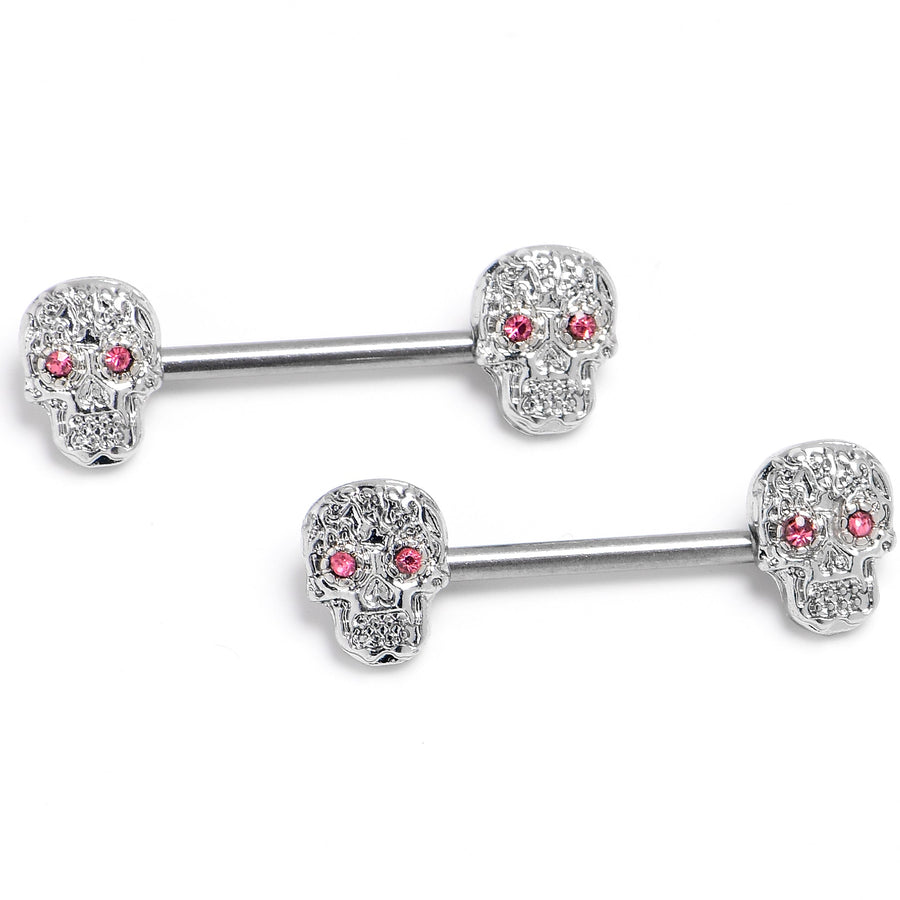 14G 9/16 316L Steel Skulls Pink Gem with Titanium Barbell Nipple Rings