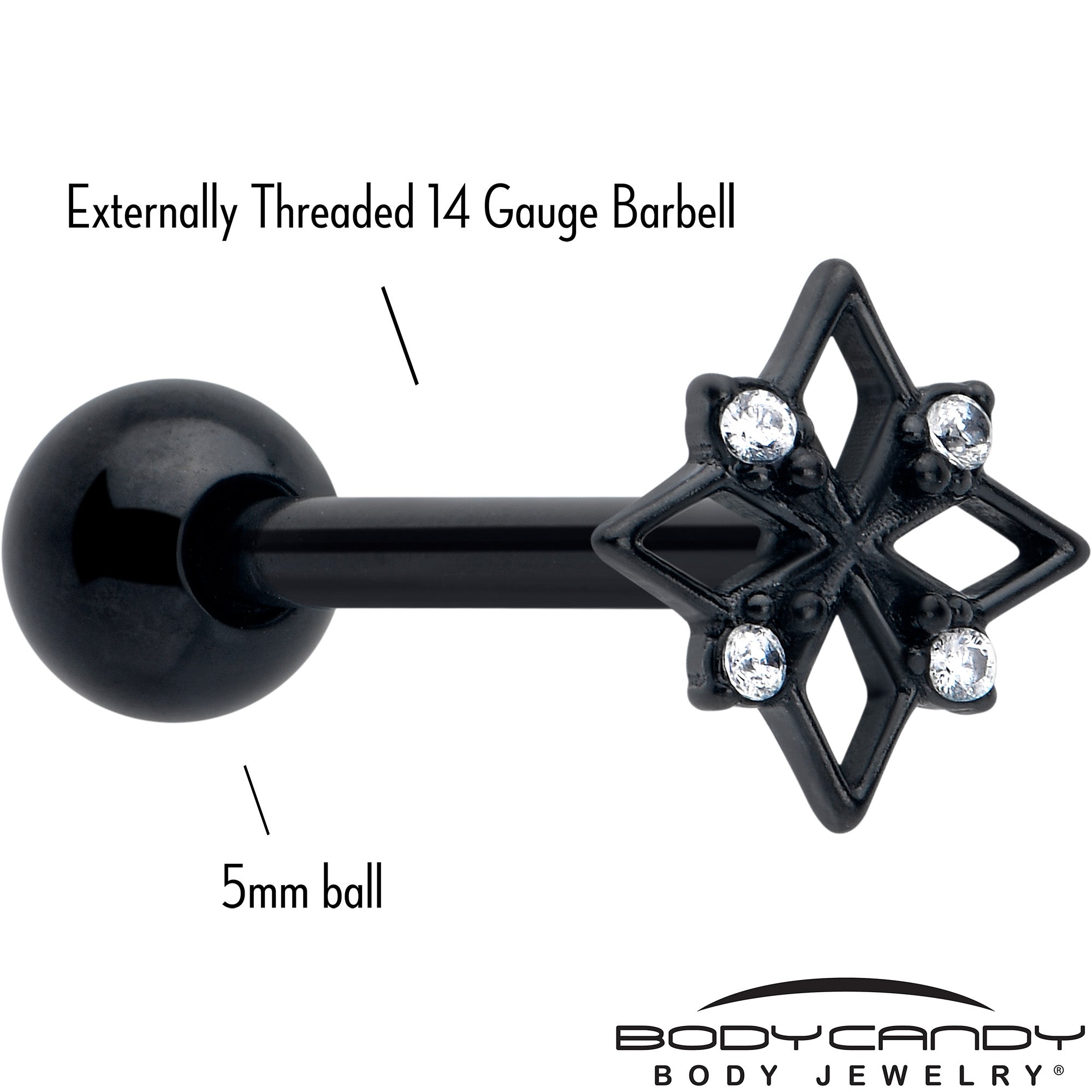 Clear CZ Gem Black Gothic Star Barbell Tongue Ring