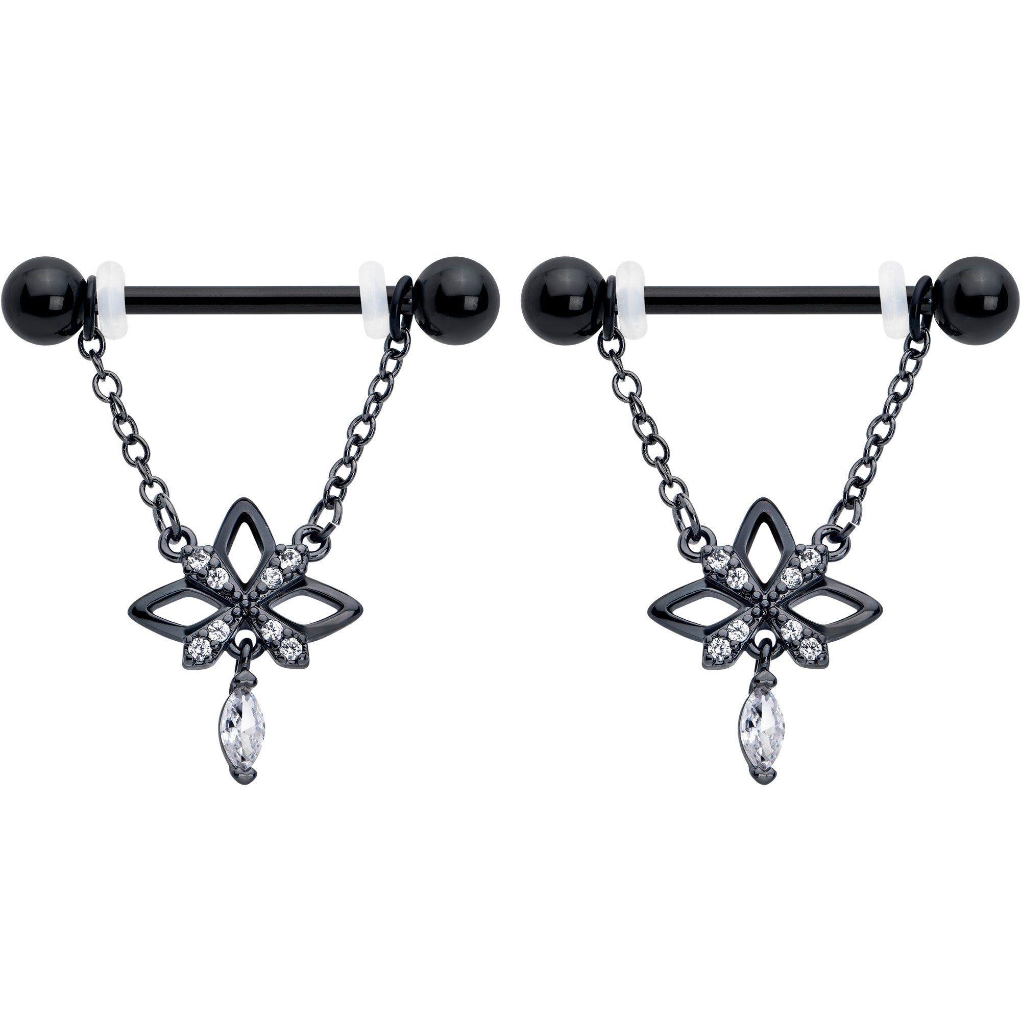 14G 9/16 Clear CZ Gem Black Gothic Star Dangle Nipple Ring Set