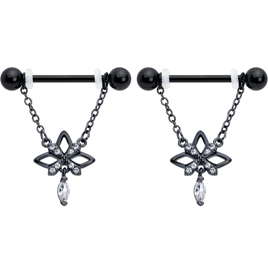 14G 9/16 Clear CZ Gem Black Gothic Star Dangle Nipple Ring Set