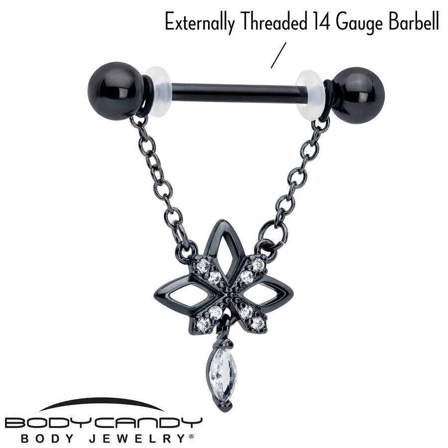 14G 9/16 Clear CZ Gem Black Gothic Star Dangle Nipple Ring Set