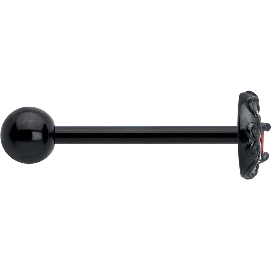 Red CZ Gem Black Scroll Moon Heart Barbell Tongue Ring