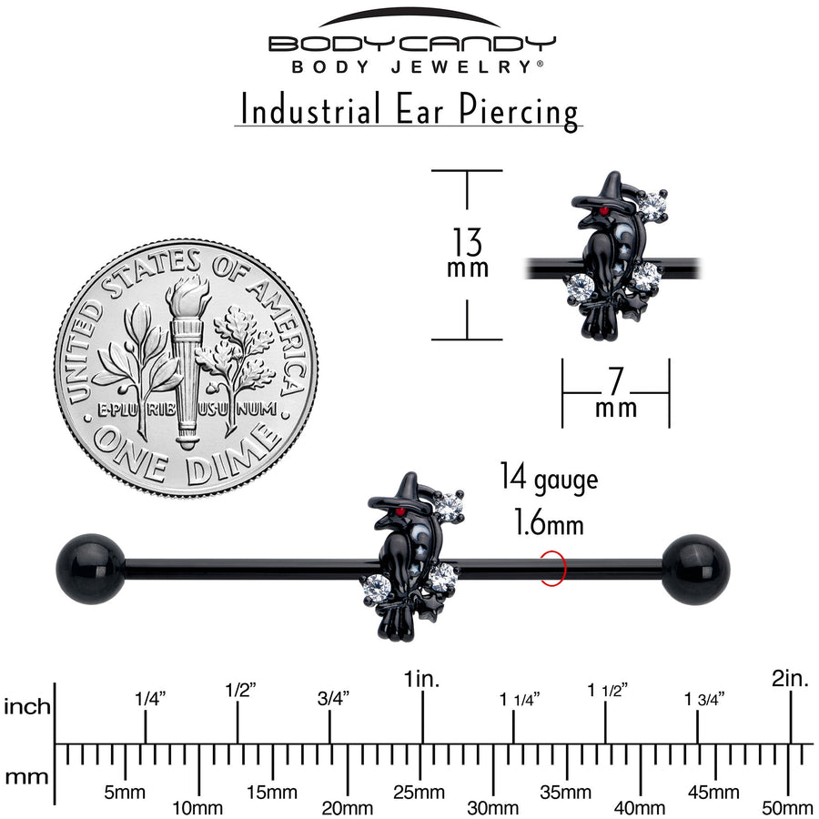 14G Clear CZ Gem Black Raven Witch Industrial Barbell 38mm