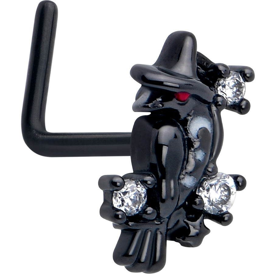 20G 7mm Clear CZ Gem Black Raven Witch L Shape Nose Ring