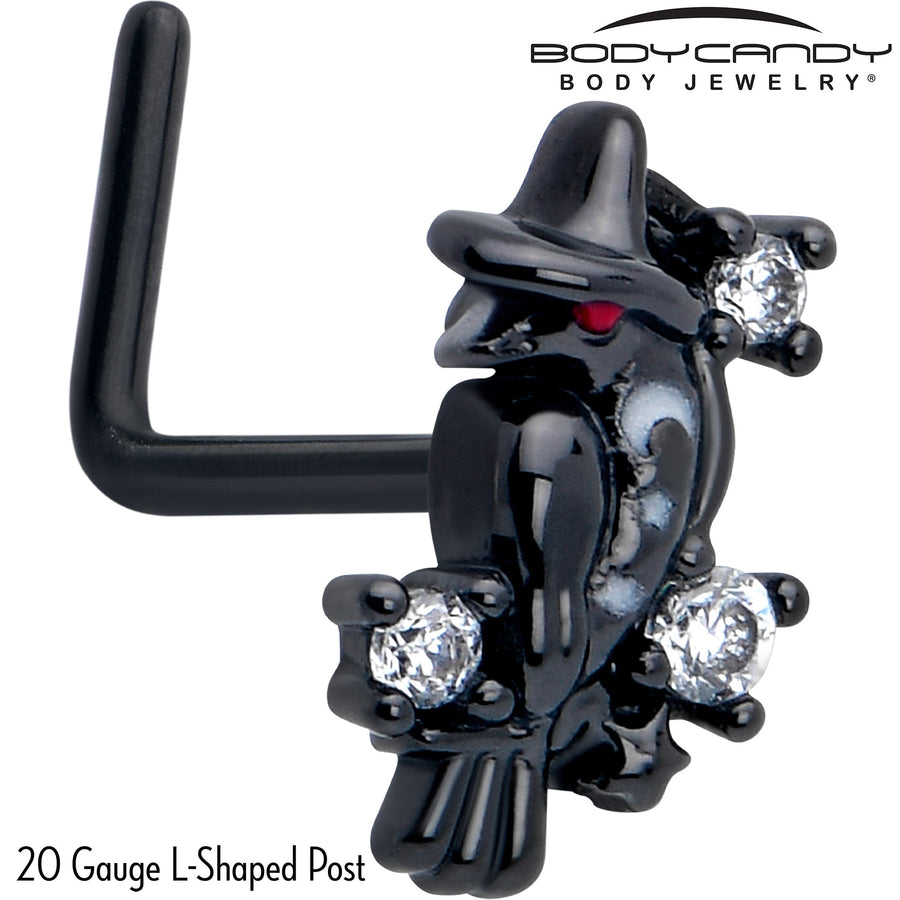 20G 7mm Clear CZ Gem Black Raven Witch L Shape Nose Ring