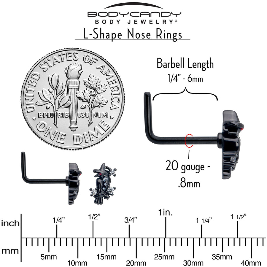 20G 7mm Clear CZ Gem Black Raven Witch L Shape Nose Ring