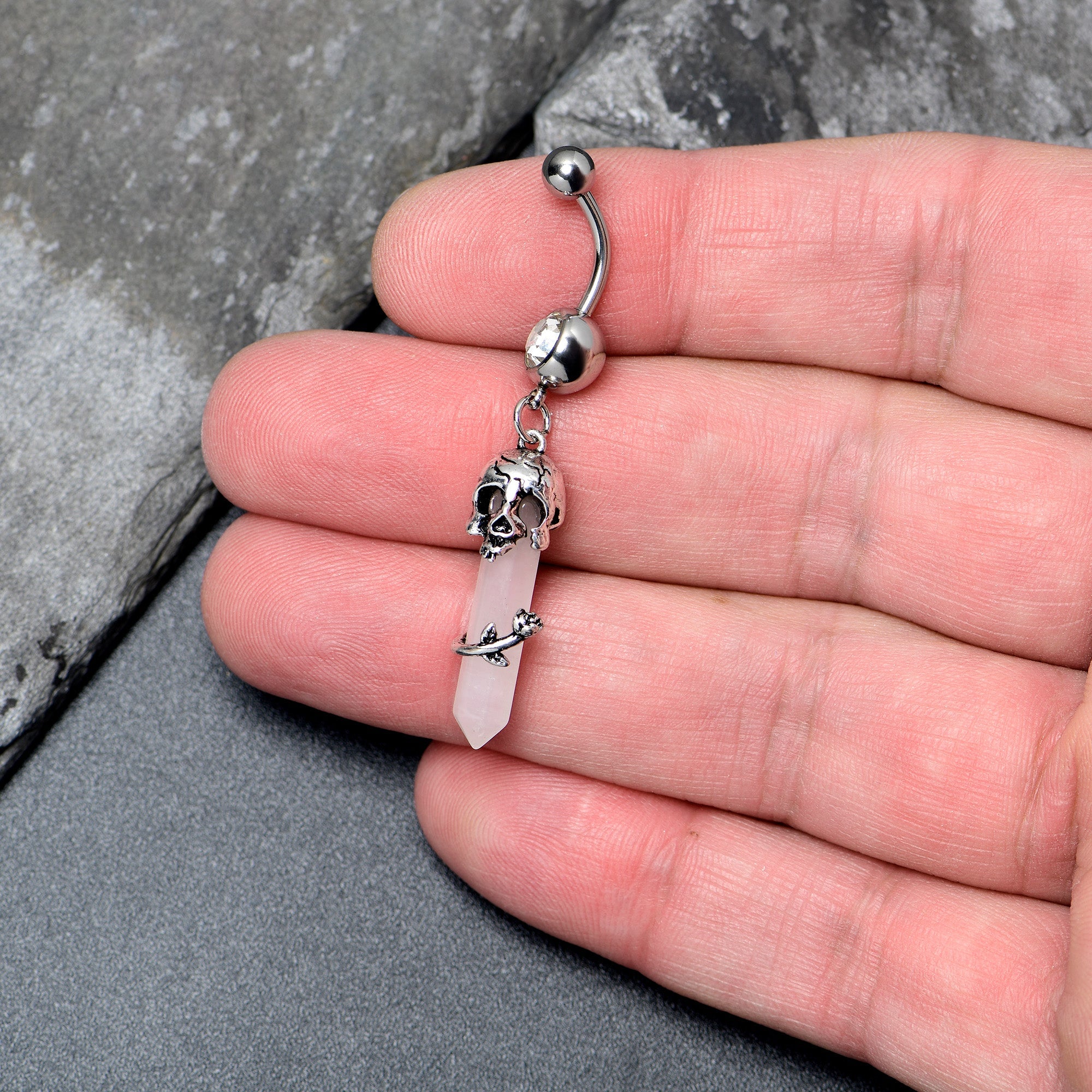 Pink Rose Quartz Skull Obelisk Rose Dangle Belly Ring