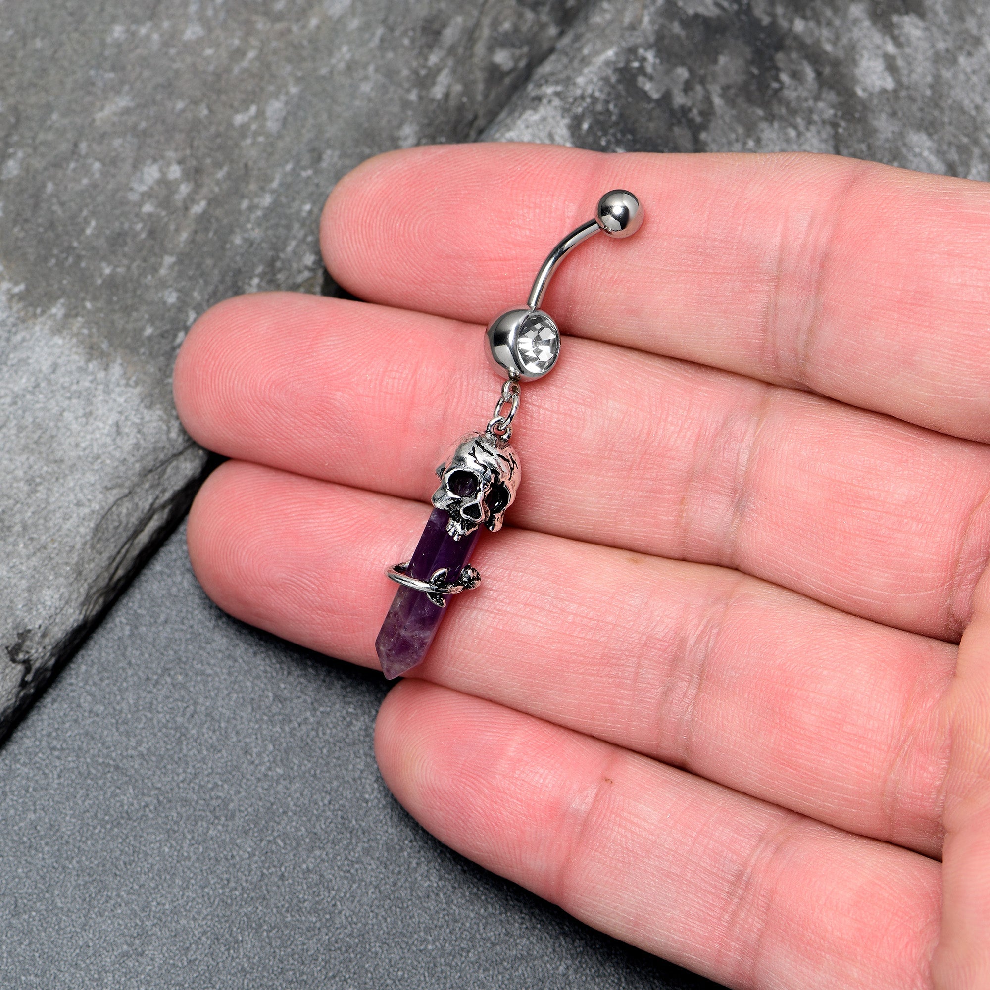 Purple Amethyst Skull Obelisk Rose Dangle Belly Ring