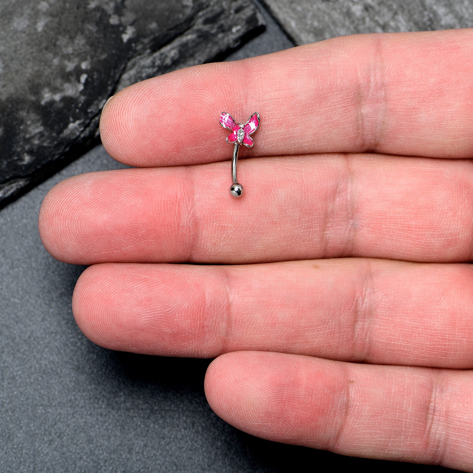 16G 5/16 Clear Gem Chunky Butterfly Pink Curved Eyebrow Ring