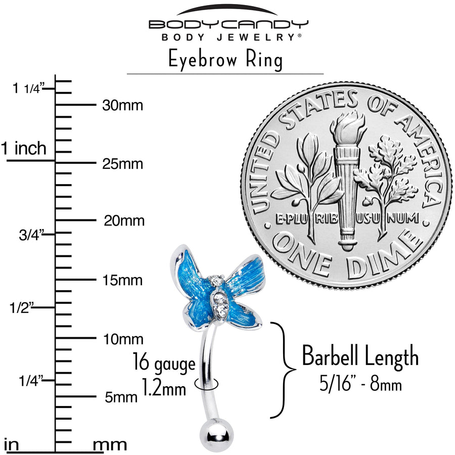 16G 5/16 Clear Gem Chunky Butterfly Blue Curved Eyebrow Ring