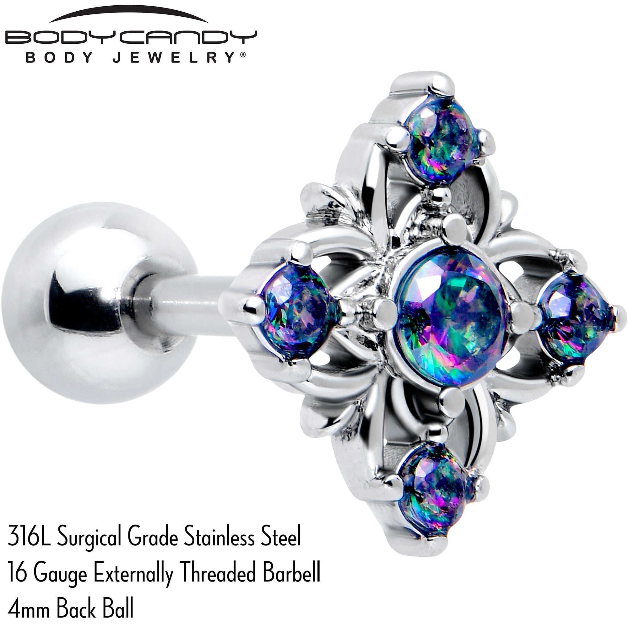 16G 1/4 Vitrail CZ Gem Beauty Cross Cartilage Tragus Earring