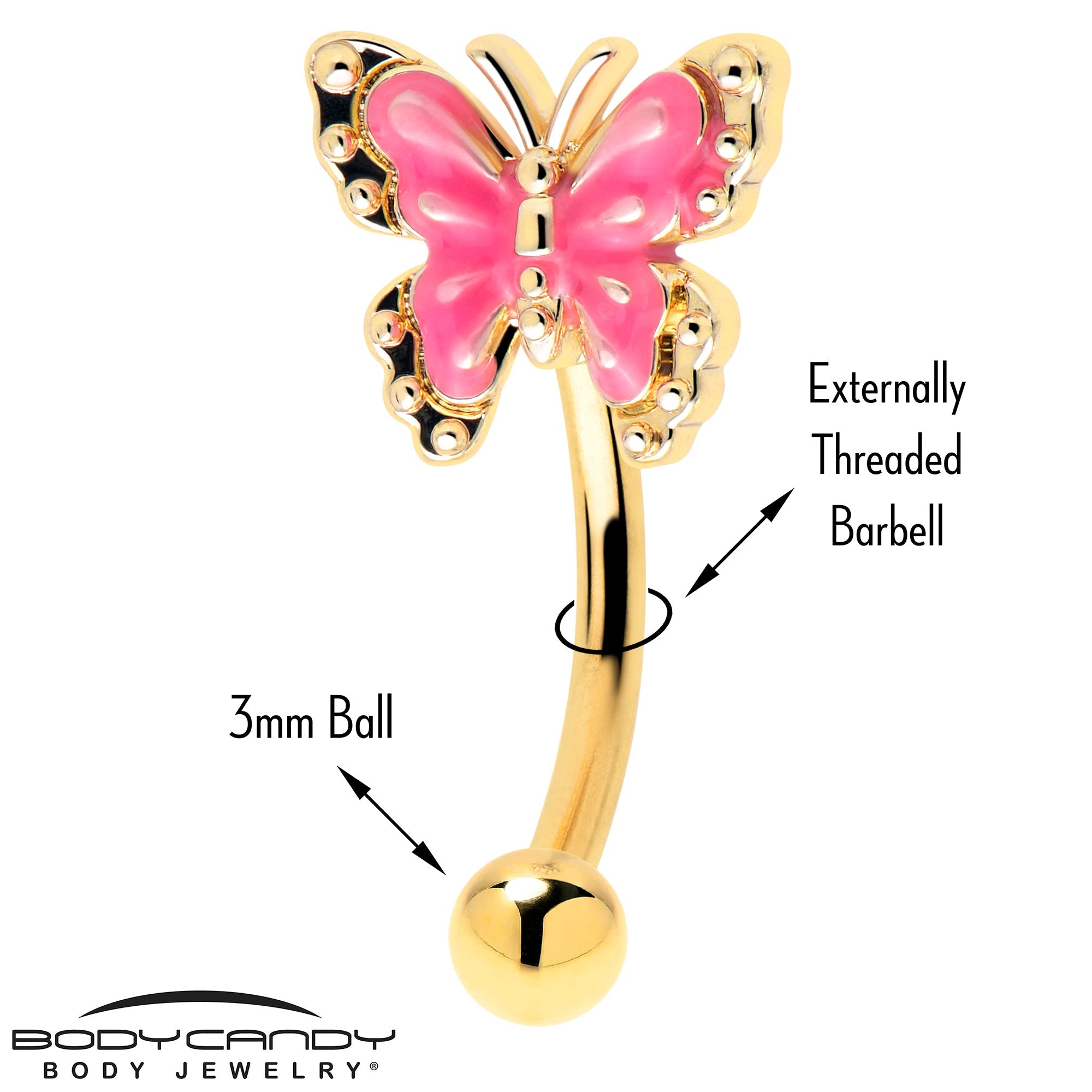 16G 5/16 Gold Tone Butterfly Pink Splash Curved Eyebrow Ring