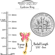 16G 5/16 Gold Tone Butterfly Pink Splash Curved Eyebrow Ring