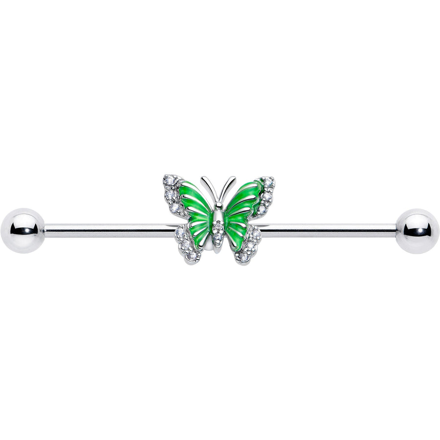 14G Clear CZ Gem Butterfly Green Industrial Barbell 38mm