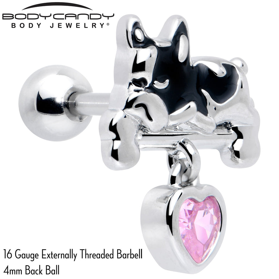 16G 1/4 Pink CZ Gem Sleepy French Bulldog Dangle Cartilage Earring