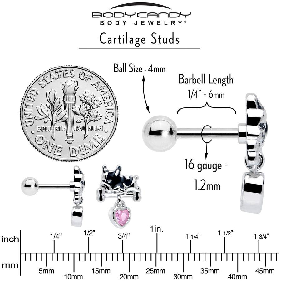 16G 1/4 Pink CZ Gem Sleepy French Bulldog Dangle Cartilage Earring