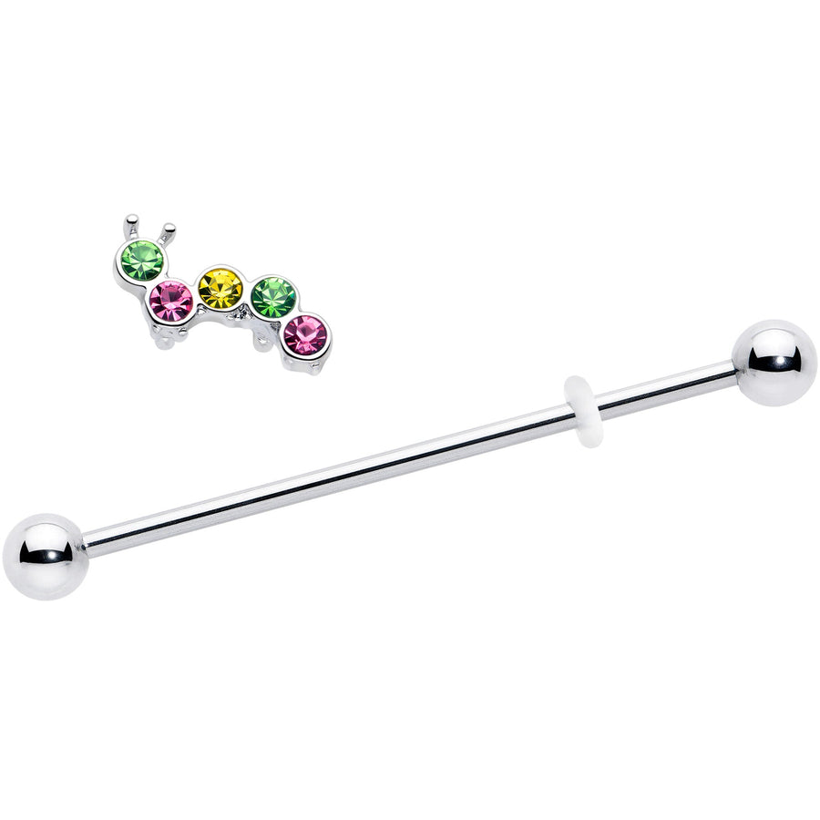 14G Green Pink Gem Caterpillar Industrial Barbell 38mm