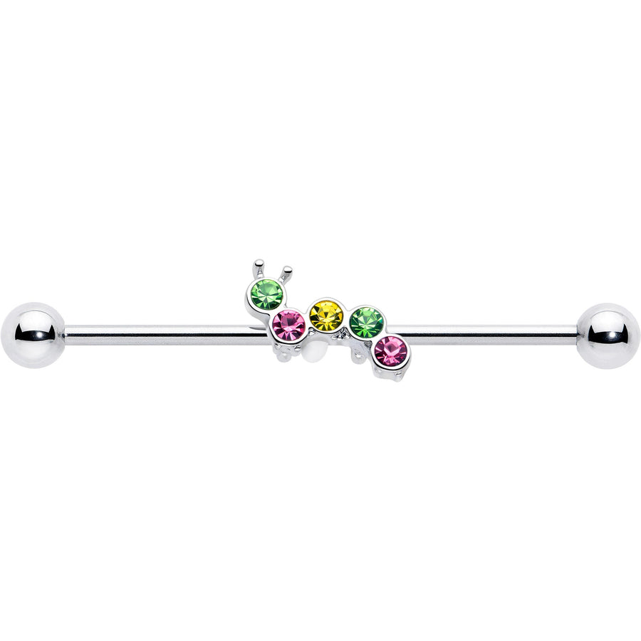 14G Green Pink Gem Caterpillar Industrial Barbell 38mm