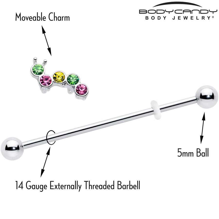14G Green Pink Gem Caterpillar Industrial Barbell 38mm