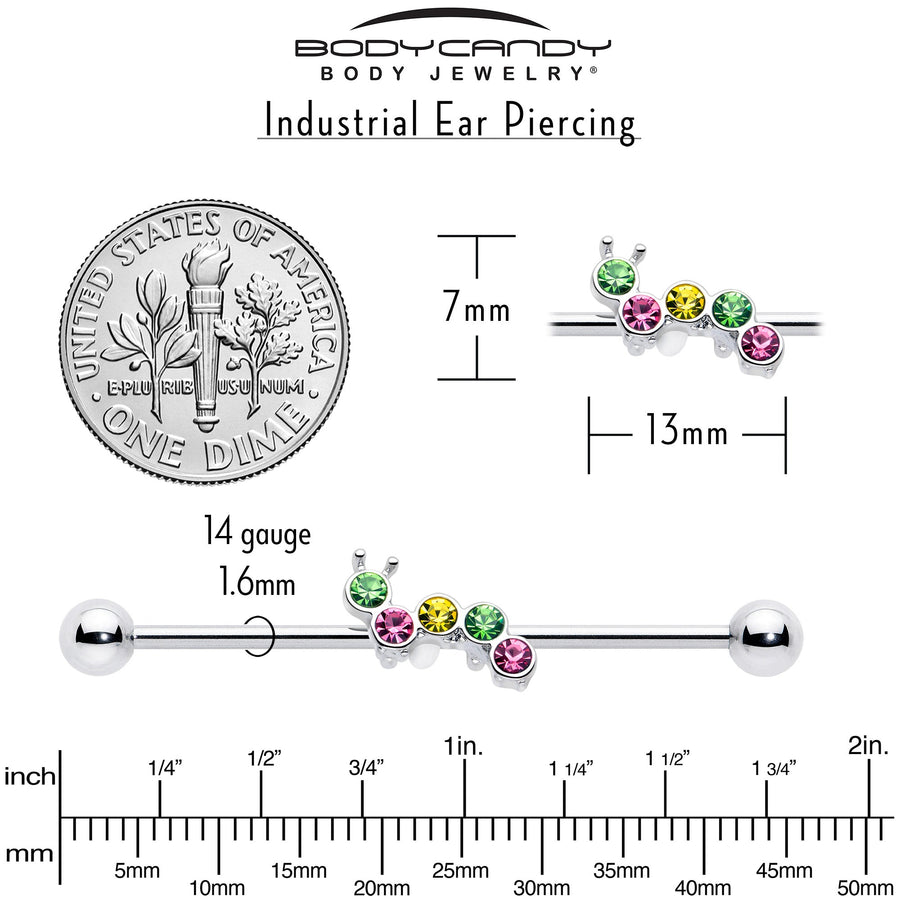 14G Green Pink Gem Caterpillar Industrial Barbell 38mm