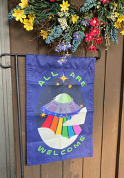 All Are Welcome Alien UFO Garden Flag