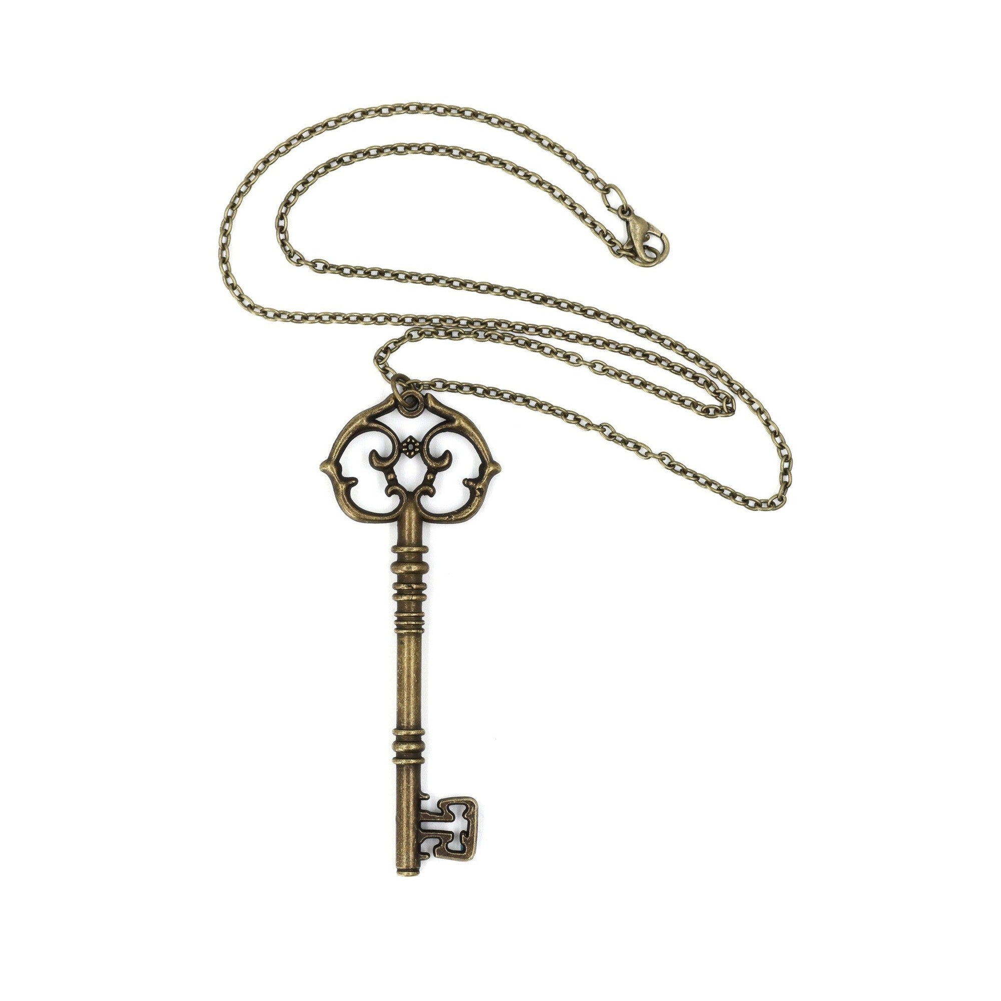 Antique Key Pendant Necklace in Aged Brass Tone or Silver