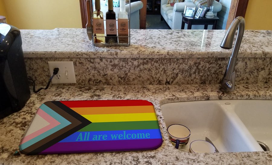 Gay Pride Progress Pride All are Welcome Dish Drying Mat – Absorbent, Artistic Kitchen Essentials