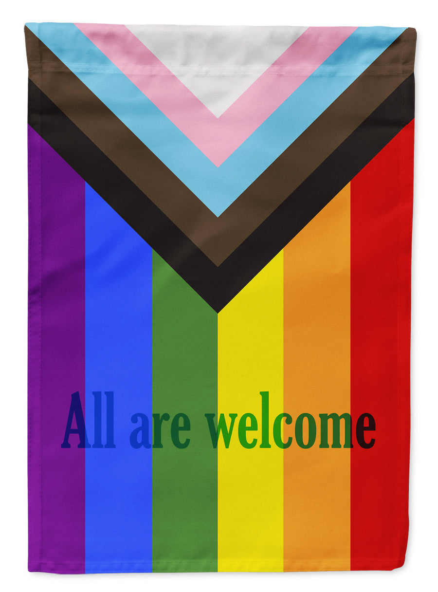 Gay Pride Progress Pride All are Welcome Garden Flag – LGBTQ+ Inclusive Outdoor Yard Decor