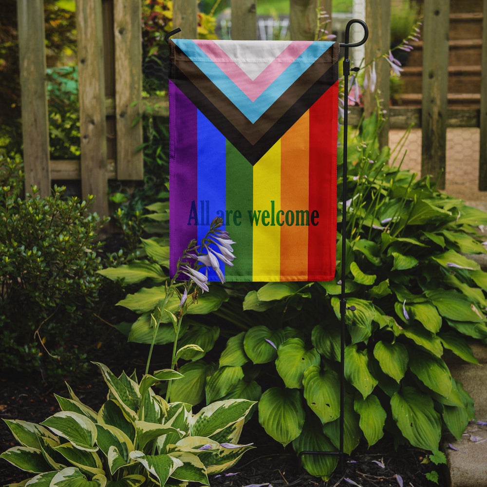 Gay Pride Progress Pride All are Welcome Garden Flag – LGBTQ+ Inclusive Outdoor Yard Decor