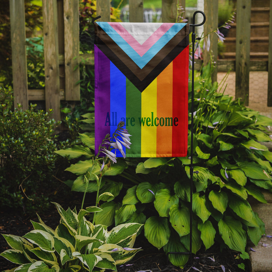 Gay Pride Progress Pride All are Welcome Garden Flag – LGBTQ+ Inclusive Outdoor Yard Decor