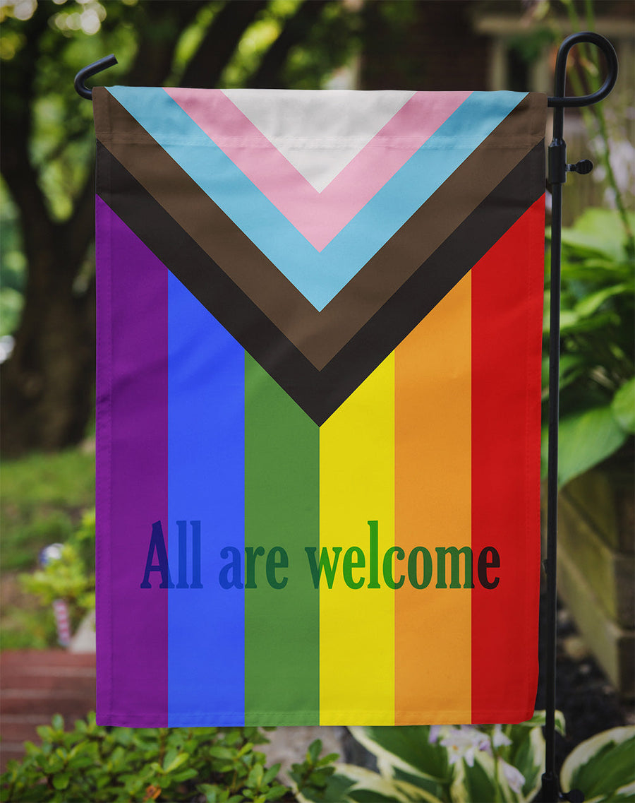Gay Pride Progress Pride All are Welcome Garden Flag – LGBTQ+ Inclusive Outdoor Yard Decor