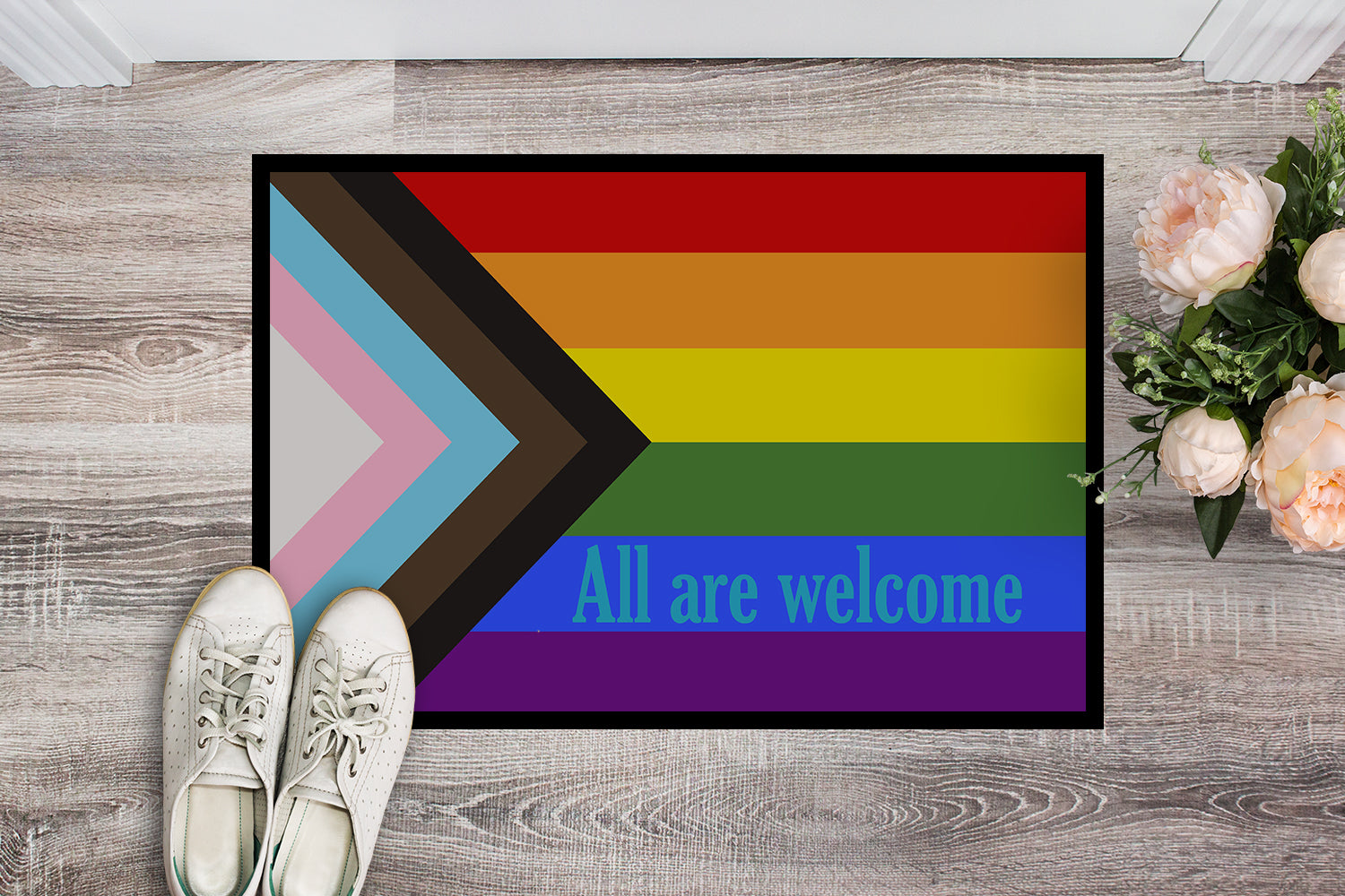 Gay Pride Progress Pride All are Welcome Doormat - 24x36 Decorative Floor Mat – Indoor/Outdoor Rug with Artistic Flair