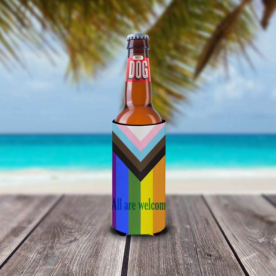 Gay Pride Progress Pride All are Welcome  Hugger for slim cans