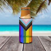 Gay Pride Progress Pride All are Welcome  Hugger for slim cans