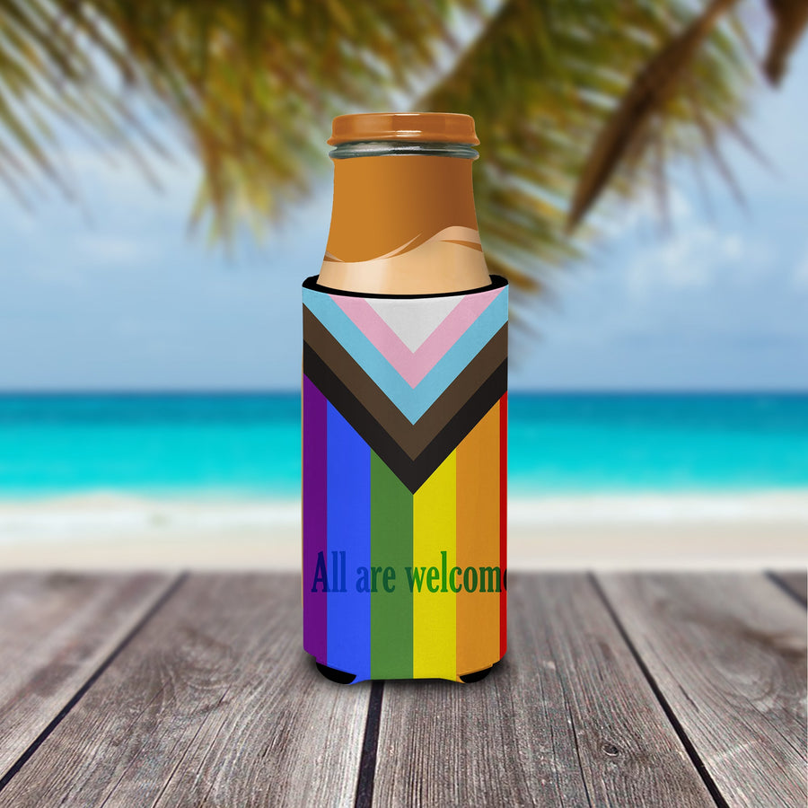 Gay Pride Progress Pride All are Welcome  Hugger for slim cans