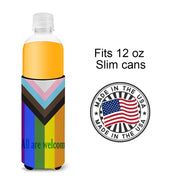 Gay Pride Progress Pride All are Welcome  Hugger for slim cans