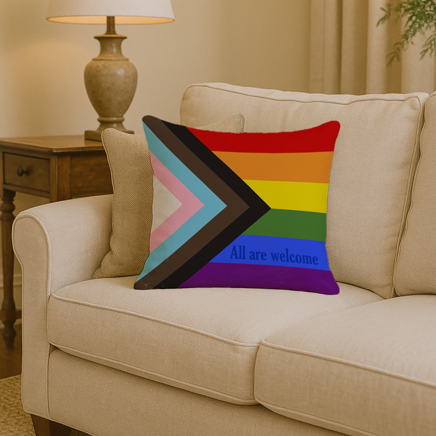 Progress Pride All are Welcome Throw Pillow - 14x14 Decorative Pillow – Art for Your Home & Patio