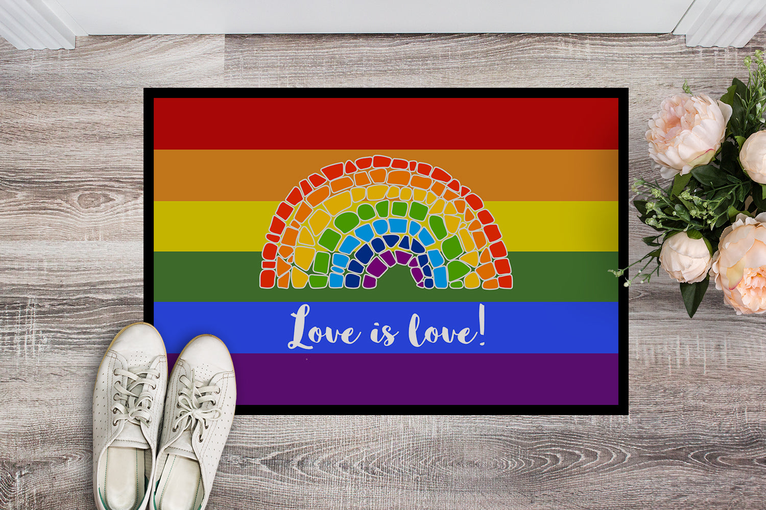 Gay Pride Love is Love Mosaic Rainbow Doormat - 24x36 Decorative Floor Mat – Indoor/Outdoor Rug with Artistic Flair