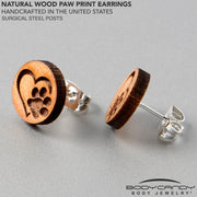 Natural Maple Wood Heart Paw Print Stud Earrings