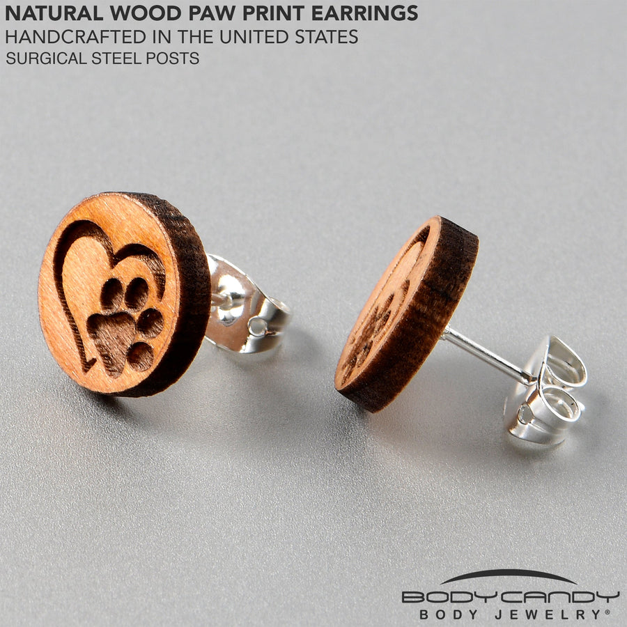 Natural Maple Wood Heart Paw Print Stud Earrings