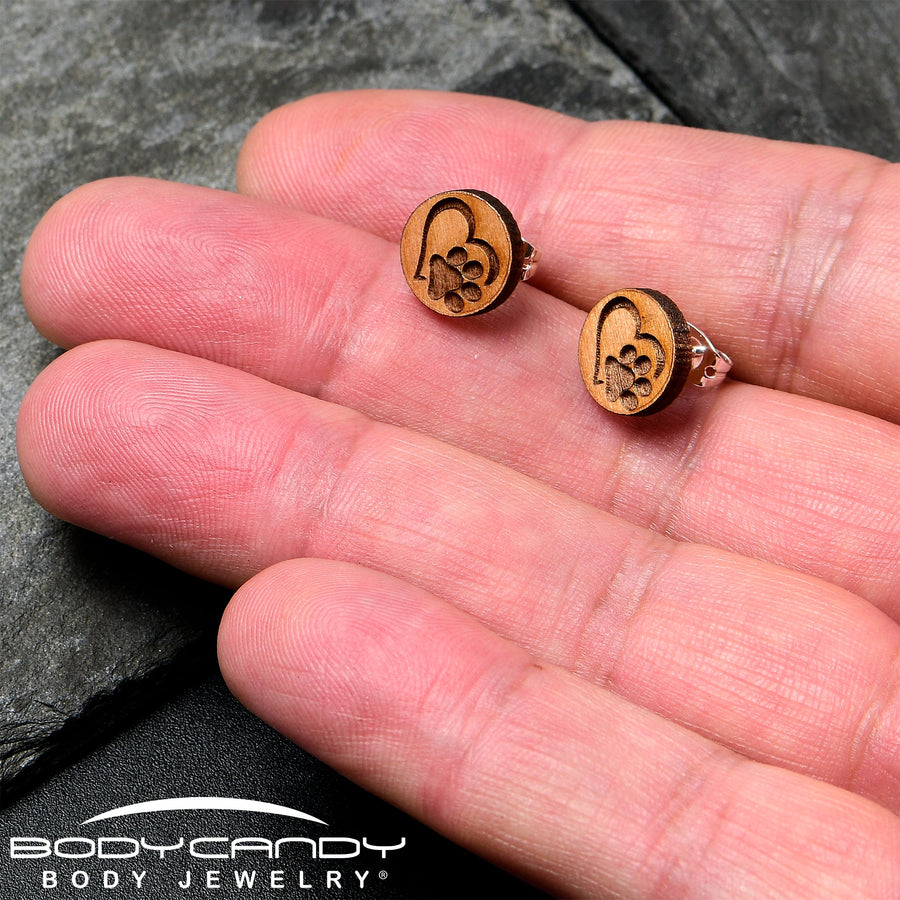 Natural Maple Wood Heart Paw Print Stud Earrings