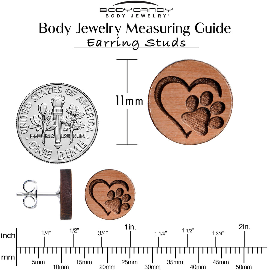 Natural Maple Wood Heart Paw Print Stud Earrings