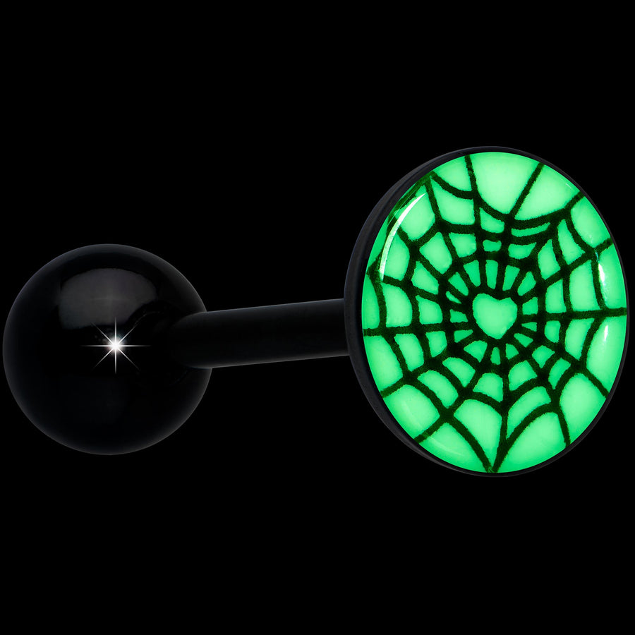 Black Glow in the Dark Heart Spider Web Barbell Tongue Ring by Onyx O