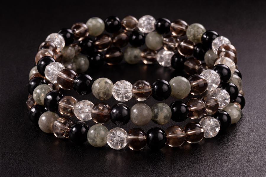 Stress Relief & Grounding Bracelet – Labradorite, Smoky Quartz, Black Obsidian & Clear Quartz (Small–Medium Wrists)