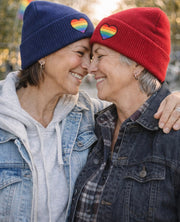 LGBTQ+ Pride Knit Beanie Hat – For Every Identity | Rainbow Heart Winter Beanie | Navy Blue, Red, or Black