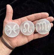 Zodiac Selenite Cleansing Coin – Crystal Cleansing & Astrology Energy Disc